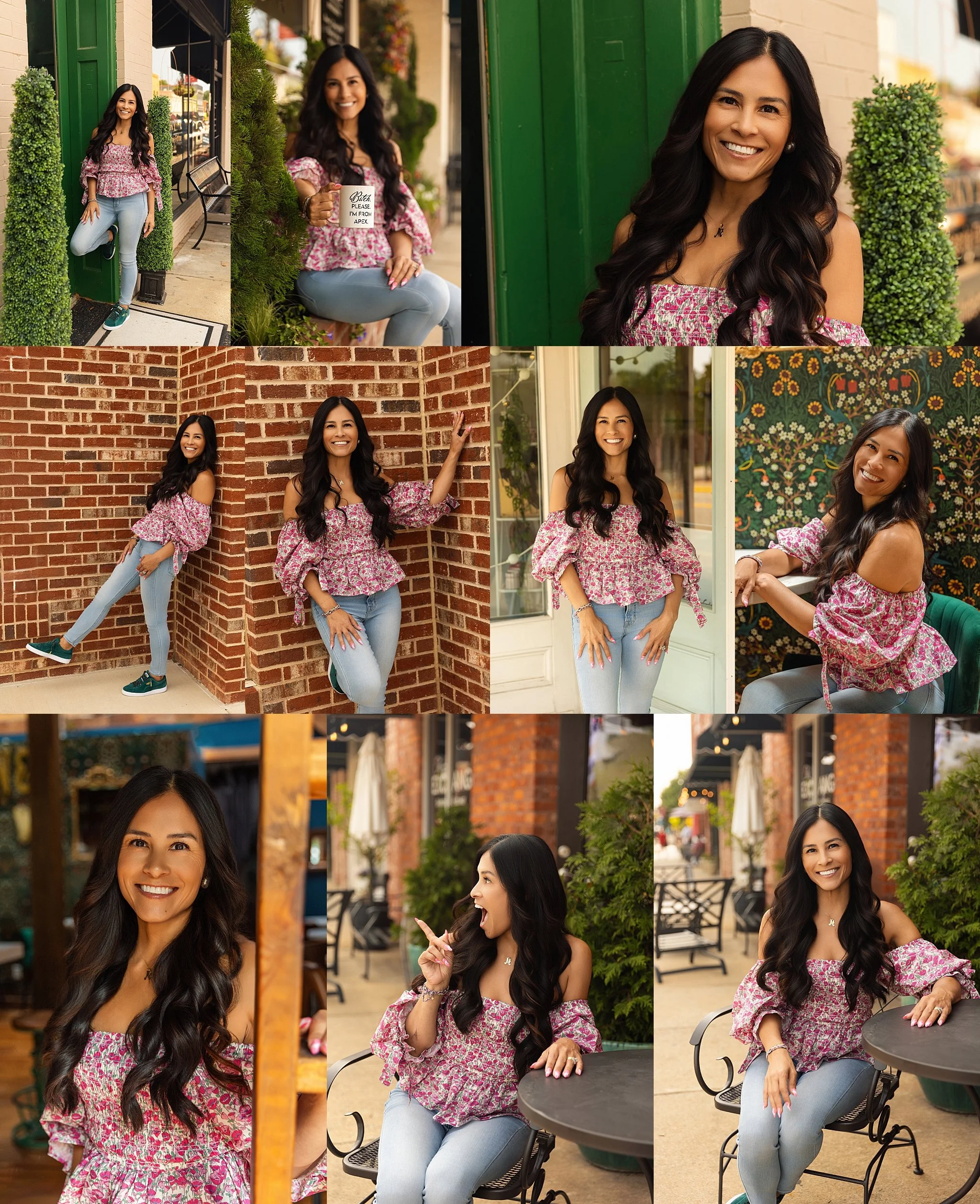 A collage of images featuring a woman with long dark hair wearing a pink floral off-shoulder blouse, light blue jeans, and teal sneakers. In some images, she is seated at a round table outside, smiling at the camera. In others, she is standing agains