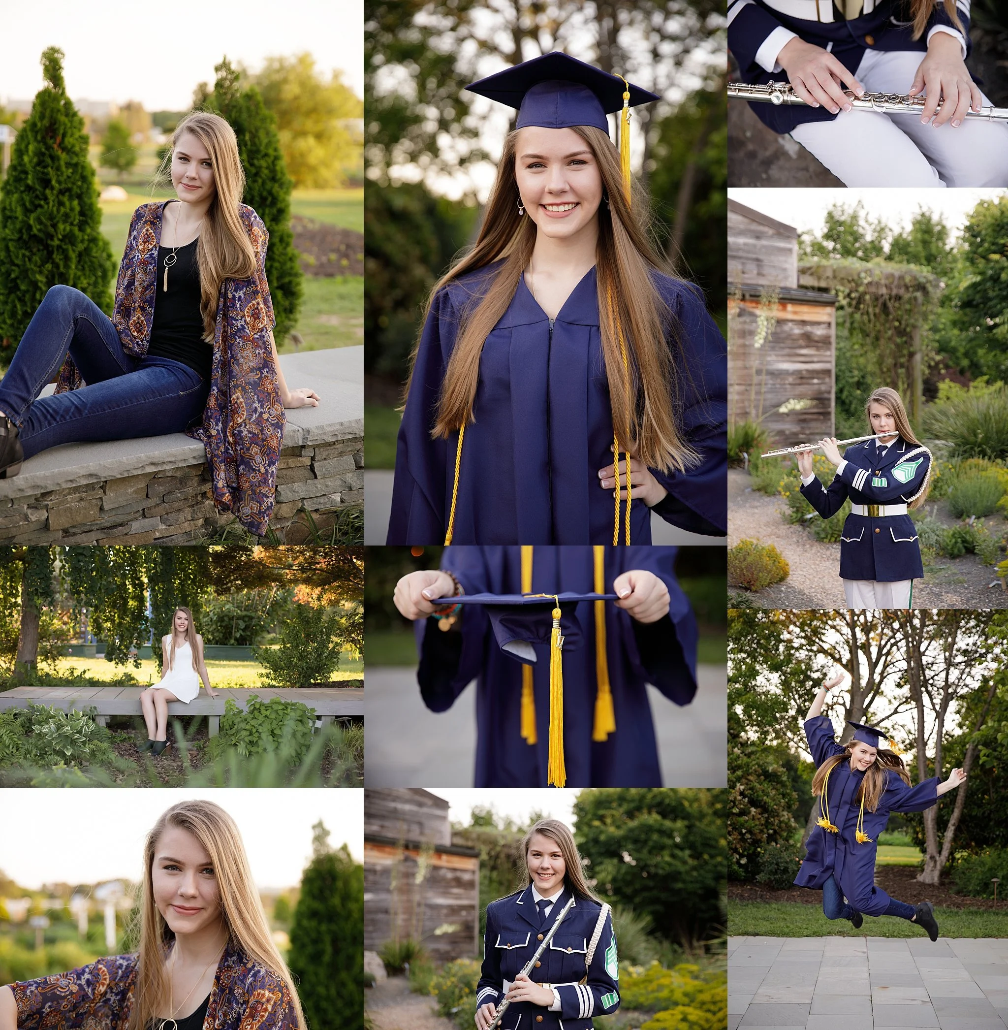 A collage of photos featuring young women celebrating graduation outdoors. Some are wearing caps and gowns, playing a flute, sitting by a garden, or posing with a diploma. The background includes trees, a wooden shed, and a park setting.