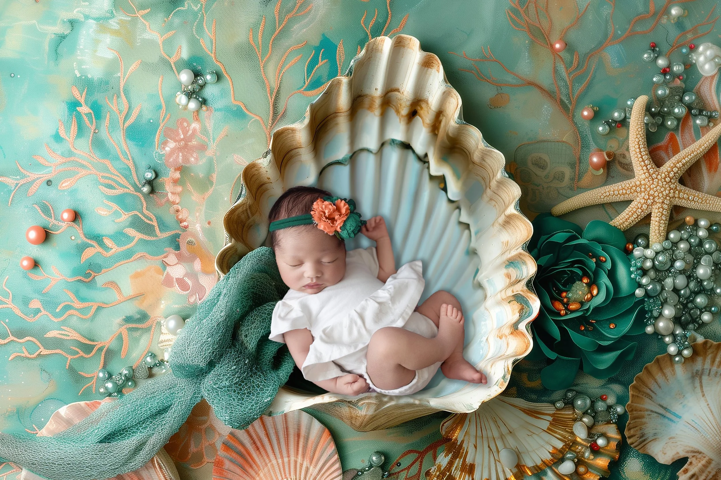 A sleeping baby with a flower headband in a seashell-shaped cradle, surrounded by seashells, pearls, and green decorative foliage on a decorated teal and coral background.