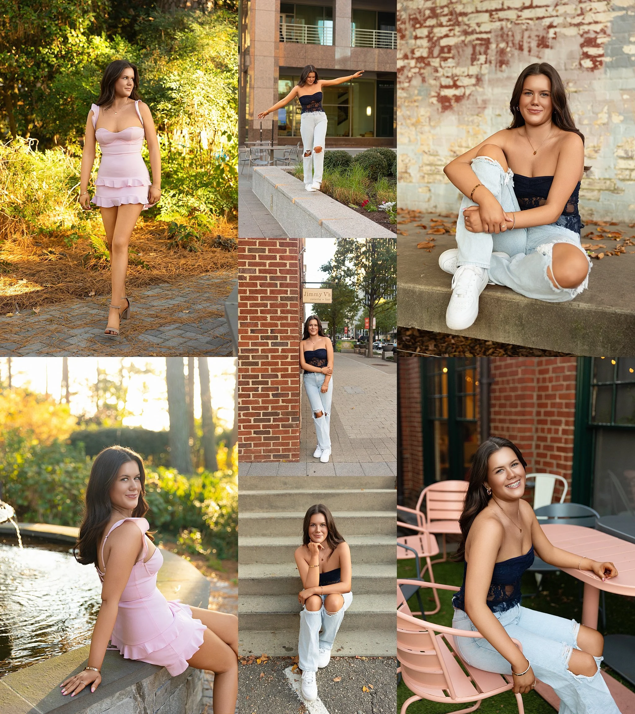 A collage of a woman with long, dark hair in various outdoor settings. She is seen wearing different outfits, including a pink dress, a black lace top with white jeans, and a blue dress. The backgrounds include trees, buildings, brick walls, and outd