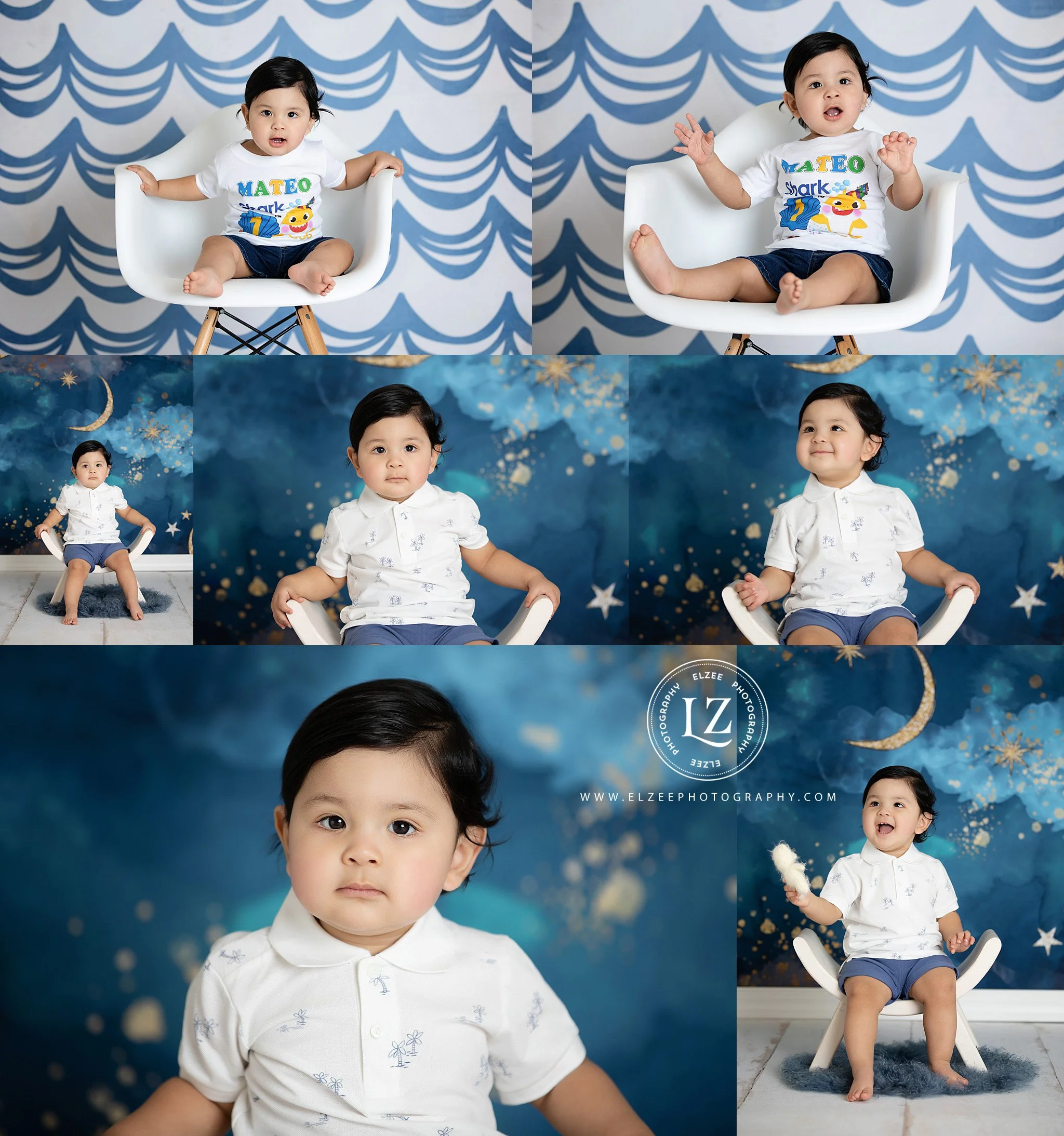 Collage of six photos of a young boy with black hair in different poses. In all photos, he wears a white polo shirt with small blue designs and navy shorts. The background features blue and gold celestial-themed decorations, including stars, moons, a