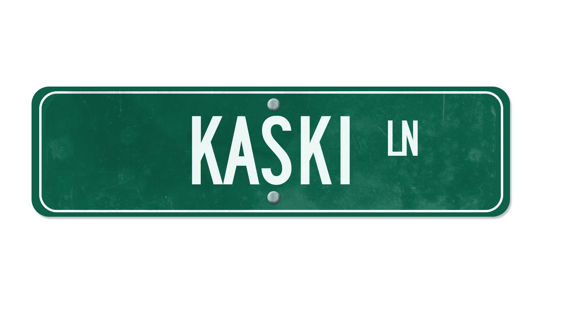 Street sign reading 'KASKI LN' on a green background with white border and text