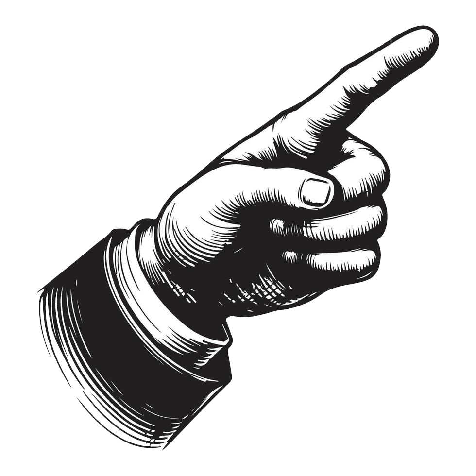 Black and white illustration of a hand pointing to the right with a green bar graph in the background.