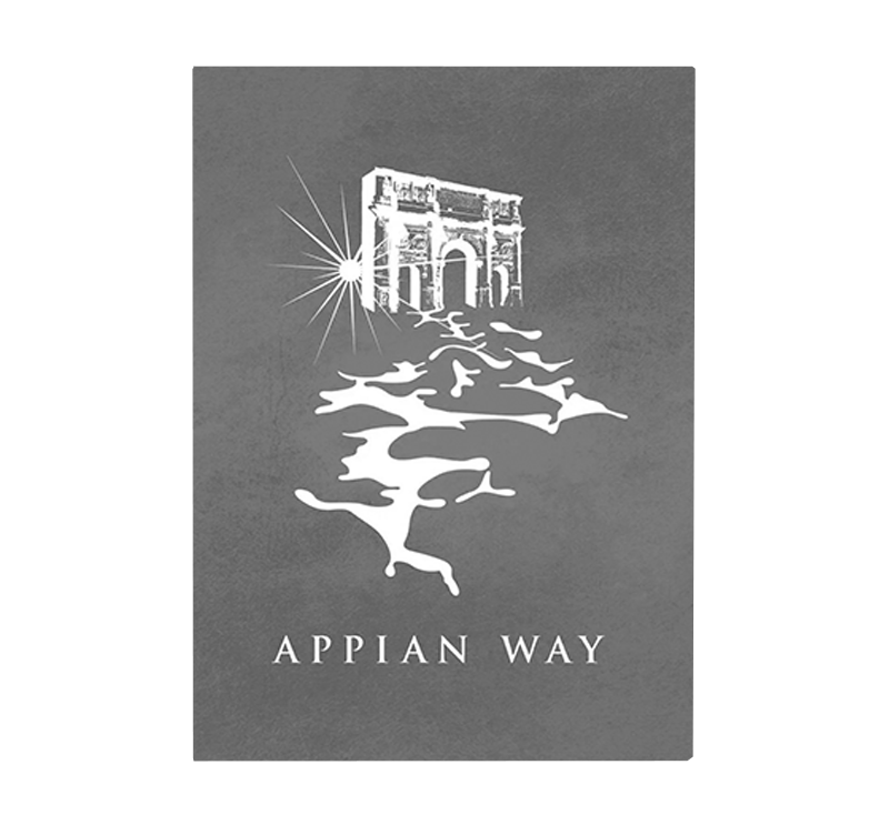 Silhouette of the Arc de Triomphe with stylized trees or rivers leading to it, and a starburst light effect, with the text 'Appian Way' at the bottom.