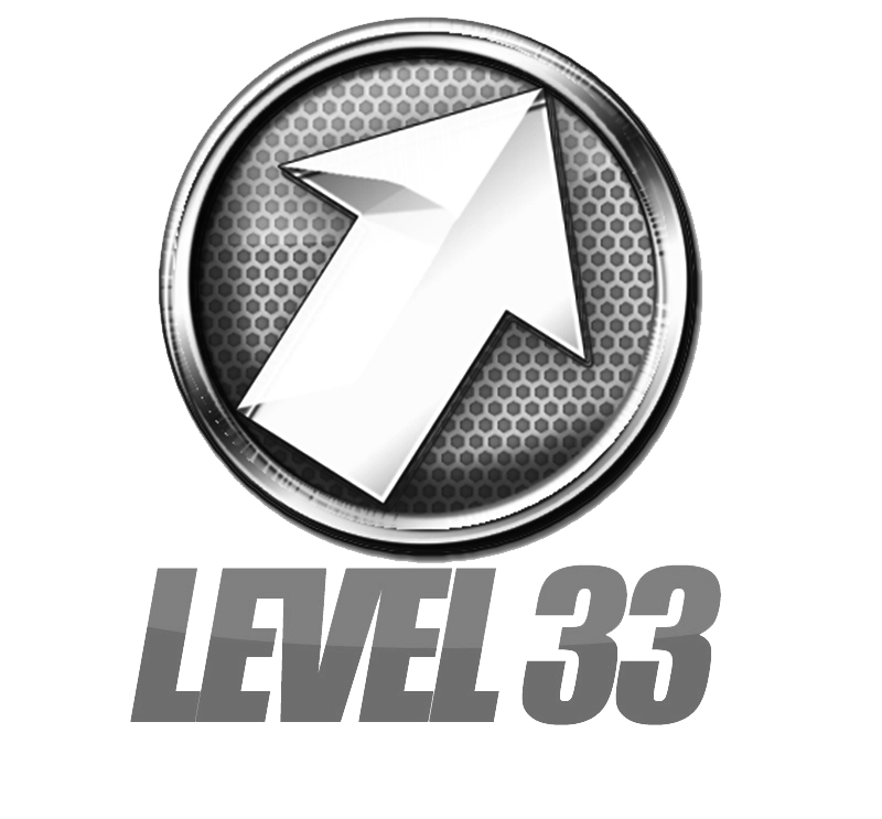 A silver circular badge with a upward pointing arrow in the center, and the text 'LEVEL 33' below it.