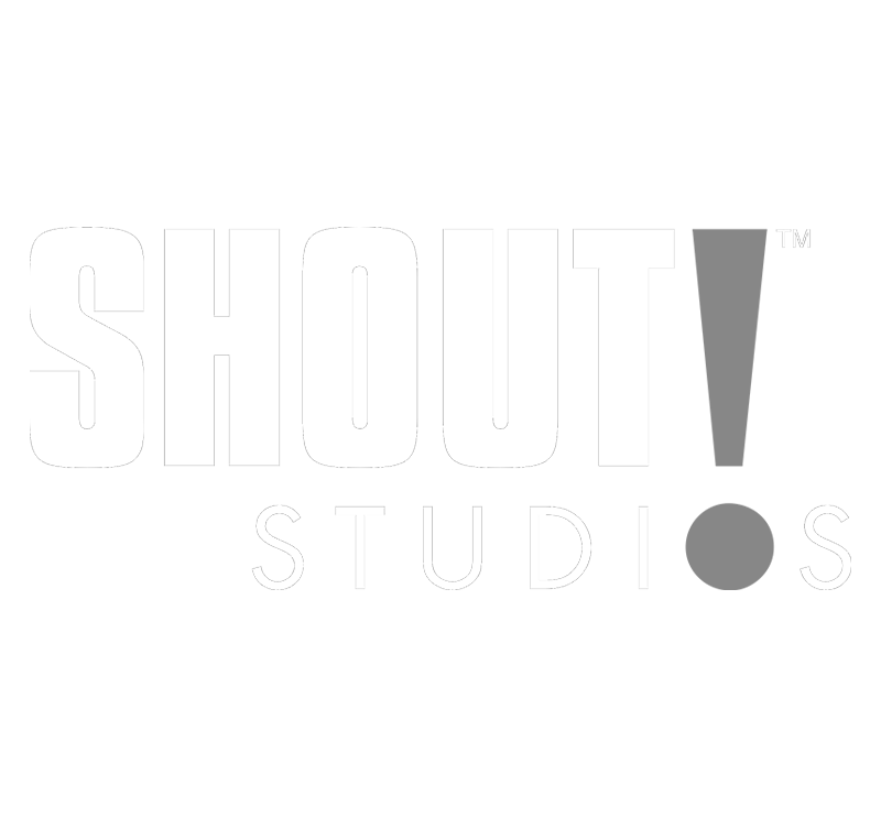 Shout! Studios logo with white bold text on black background and exclamation point.