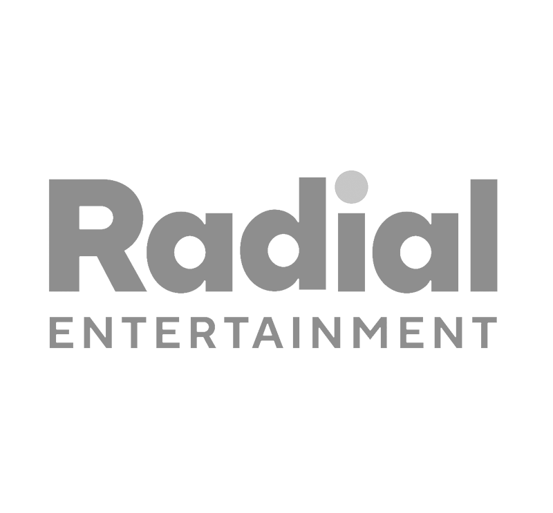 Radial Entertainment logo in gray text on black background.