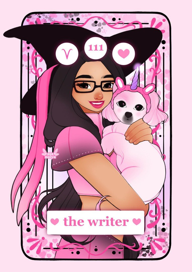 Digital illustration of a woman with black hair, wearing glasses, a pink top, and a large black and pink witch hat with symbols, holding a cute white dog with pink hair and a unicorn horn, set against a pink background with decorative elements. Text reads "the writer" with hearts.