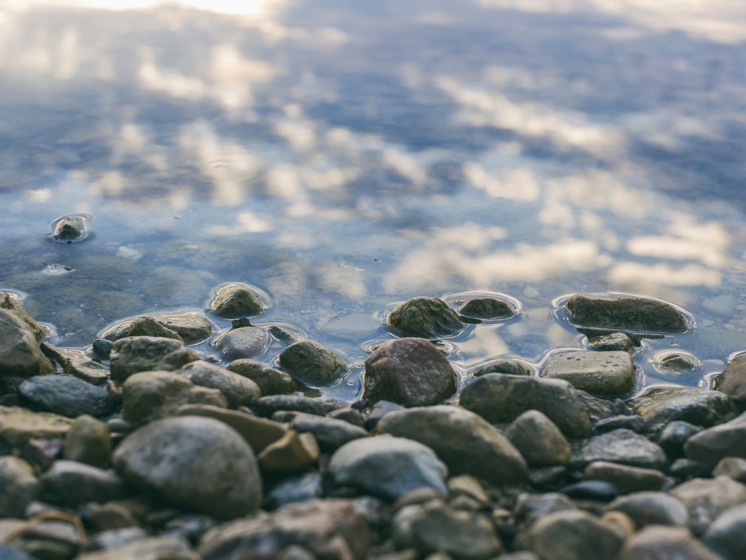 Close-up of wet pebbles on a rocky shoreline with calm water reflecting the sky and clouds in the background.