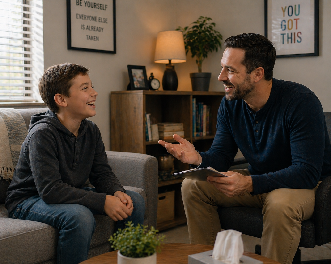A boy and a man are sitting on sofas in a living room, smiling and talking. The boy is wearing a dark hoodie and jeans, and the man is holding a clipboard, wearing a dark long sleeve shirt and khakis. There are framed quotes on the wall, a potted plant, a lamp, a bookshelf, and a window with blinds in the background.