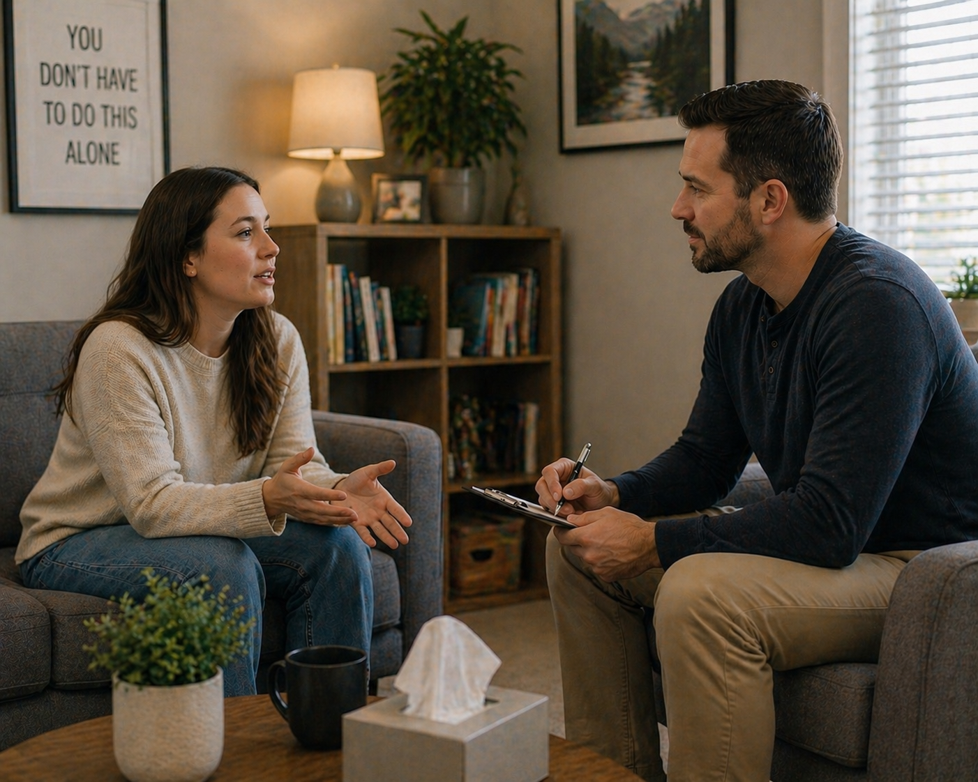 A woman and a counselor having a conversation in a cozy, well-lit room. The woman appears to be explaining something with hand gestures, while the counselor listens attentively, holding a clipboard. On the wall behind them, a sign reads, 'You don't have to do this alone.' The room features a bookshelf, a framed painting, and a table with tissues, a candle, and a mug.
