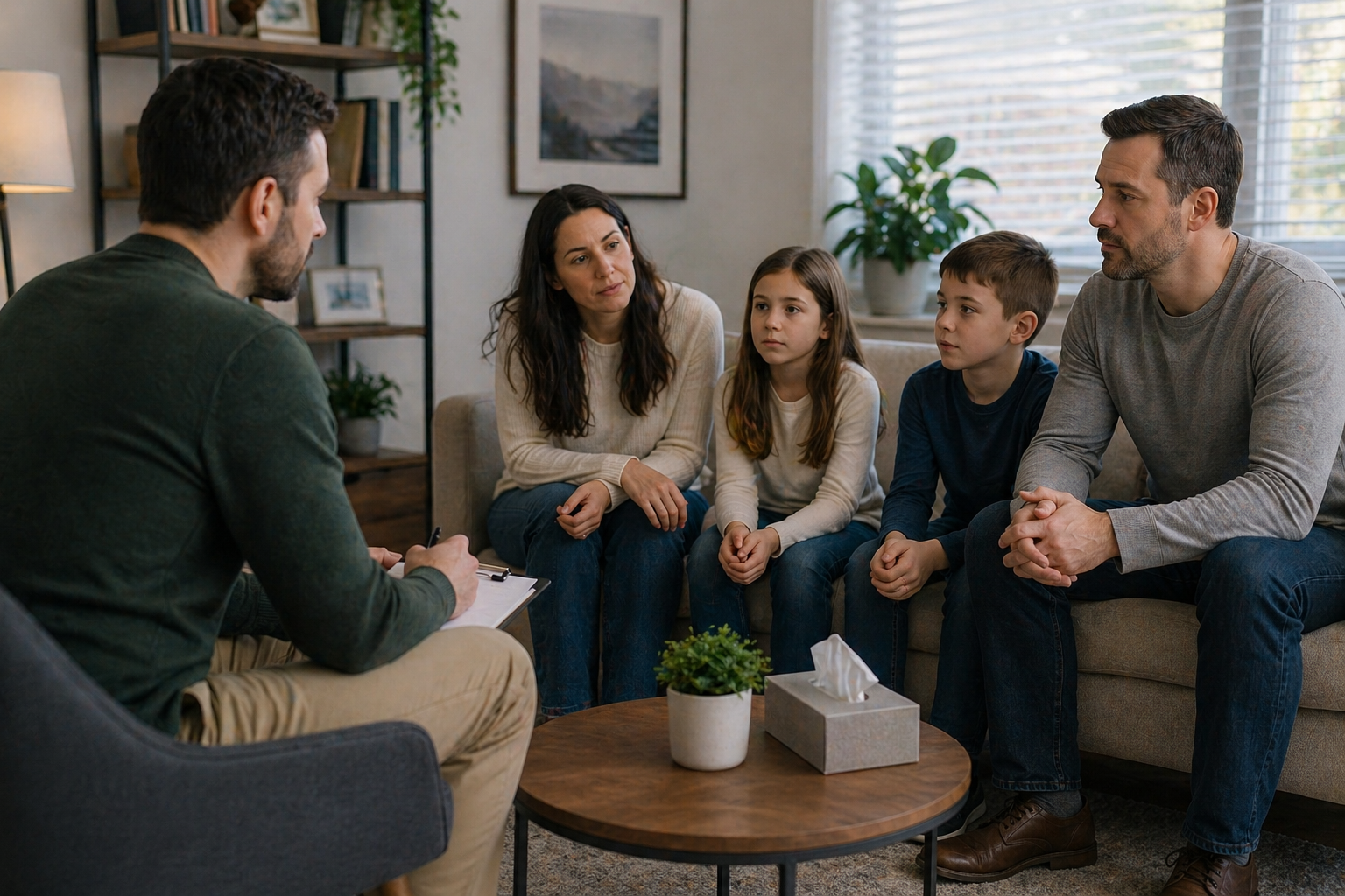 A family of five sitting on a beige couch in a living room, talking to a man taking notes on a clipboard. The family includes a woman, two children, and a man. The room has a bookshelf, plants, paintings, and large windows with blinds.