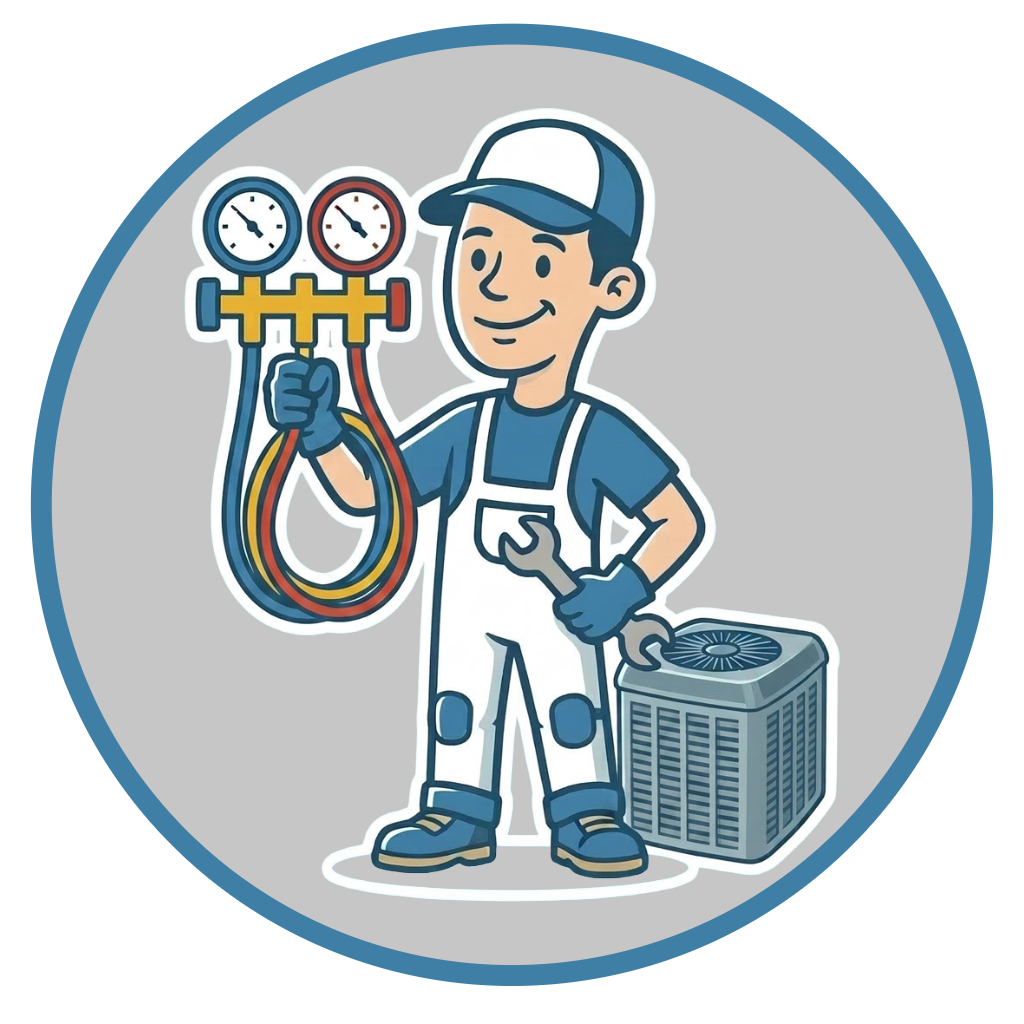 Cartoon HVAC technician holding manifold gauges and a wrench beside an outdoor air conditioning unit
