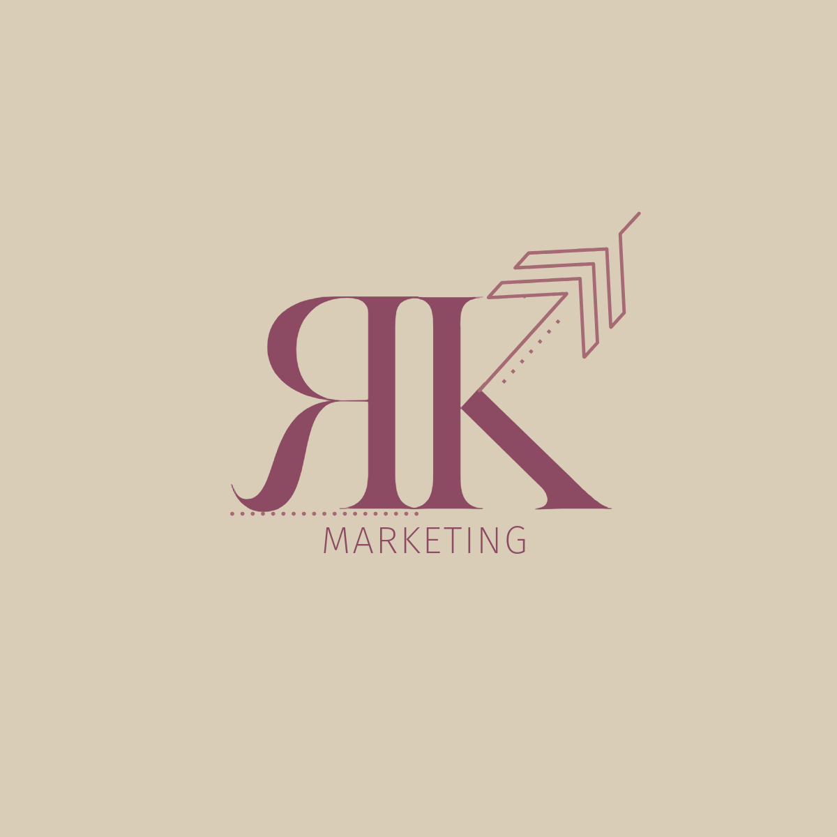 RK Marketing logo with stylized burgundy lettering and an upward arrow on a beige background