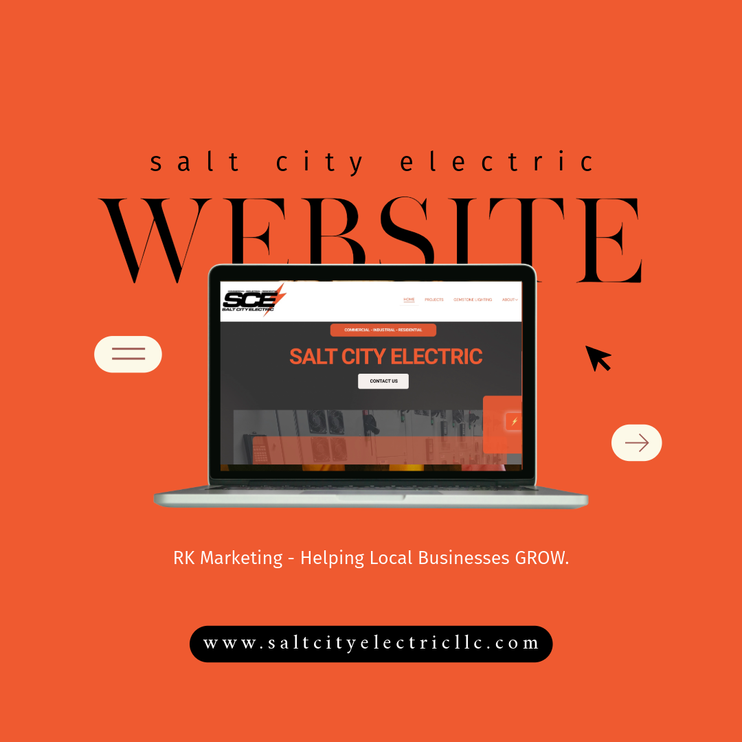 Salt City Electric website design displayed on a laptop, with RK Marketing branding and website URL on an orange background