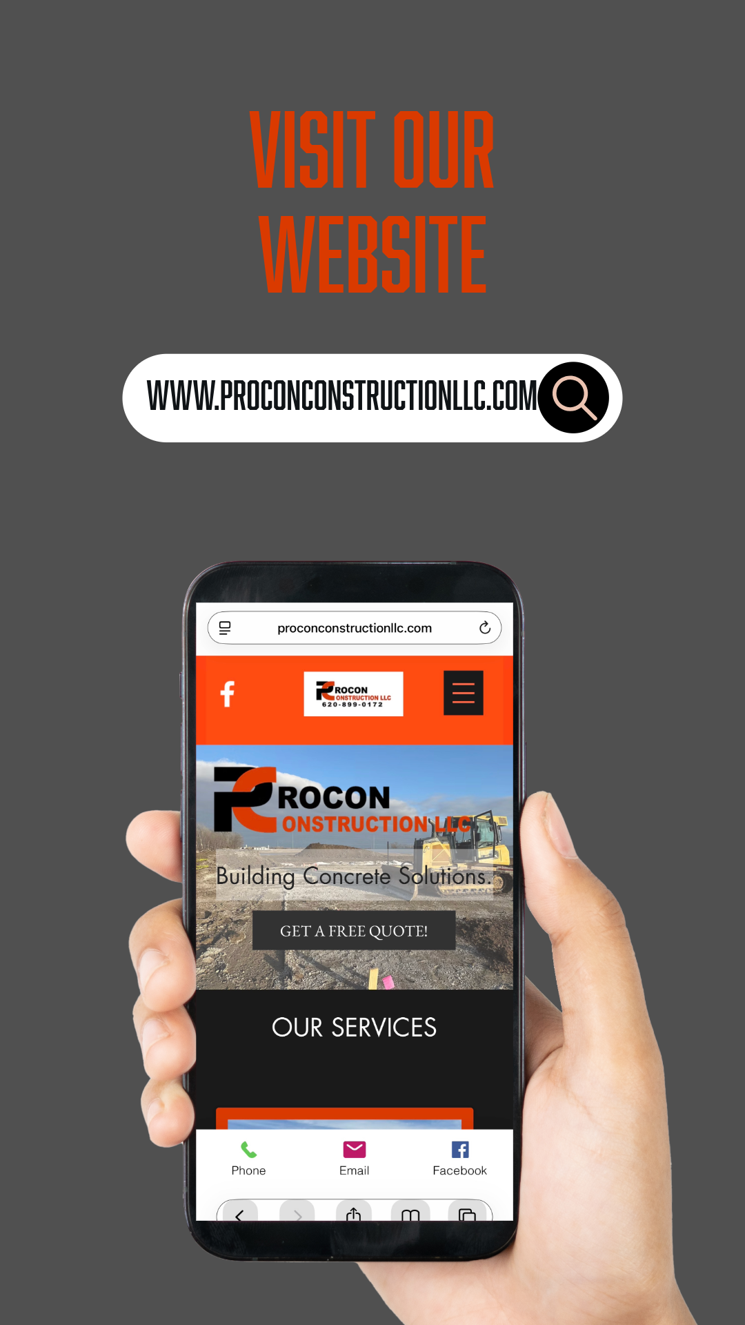 Procon Construction LLC website promotion showing the company website on a smartphone, with the URL proconconstructionllc.com and a free quote call to action