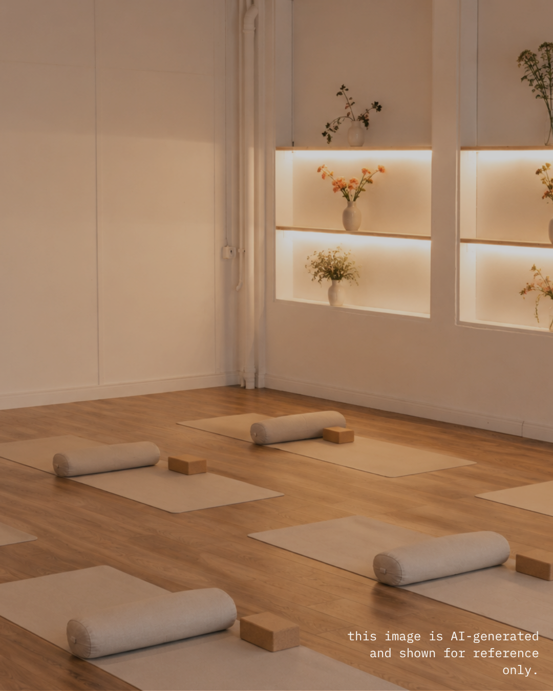 Yoga studio with mats, bolsters, and blocks set up for class, decorated with potted flowers on shelves, warm lighting, light wooden floor, white walls.