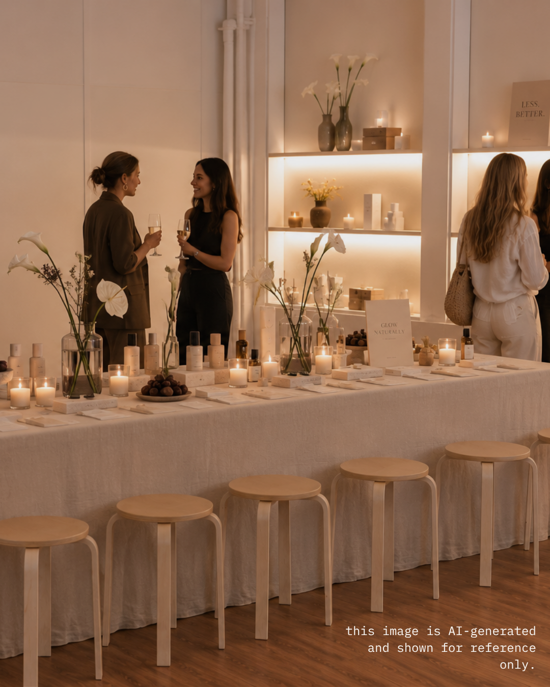People at a tea or skincare product event with candles, flowers, and skincare bottles on a long table.