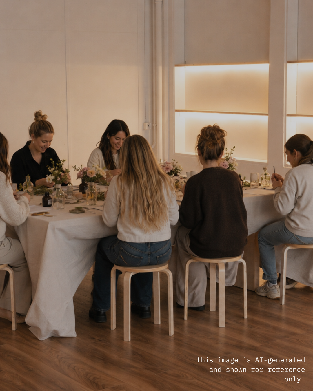 A group of women sitting around a table, engaged in crafting or flower arranging, with flowers, bottles, and tools on the table in a well-lit, modern room.