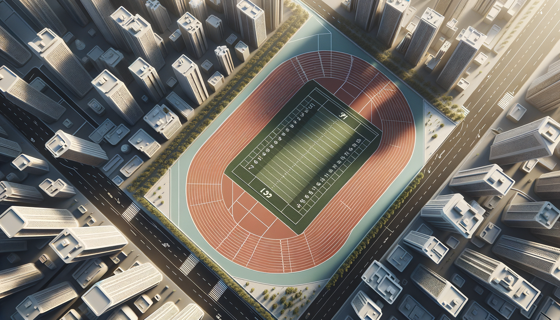 Aerial view of a stadium with a running track and football field surrounded by high-rise buildings in an urban area.