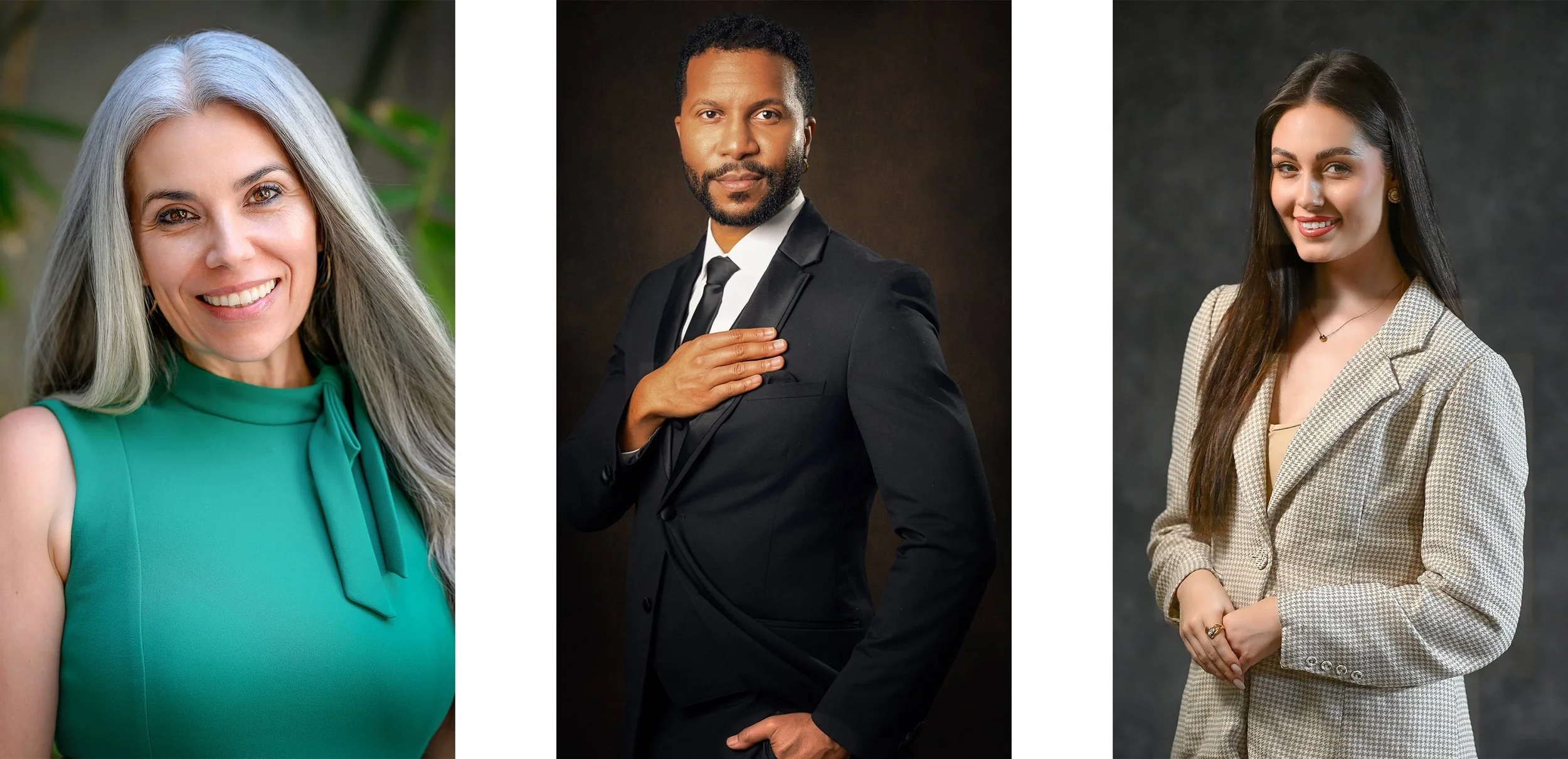 Three professional portraits showing colorful, classic black-and-white, and neutral wardrobe choices for portrait photography.