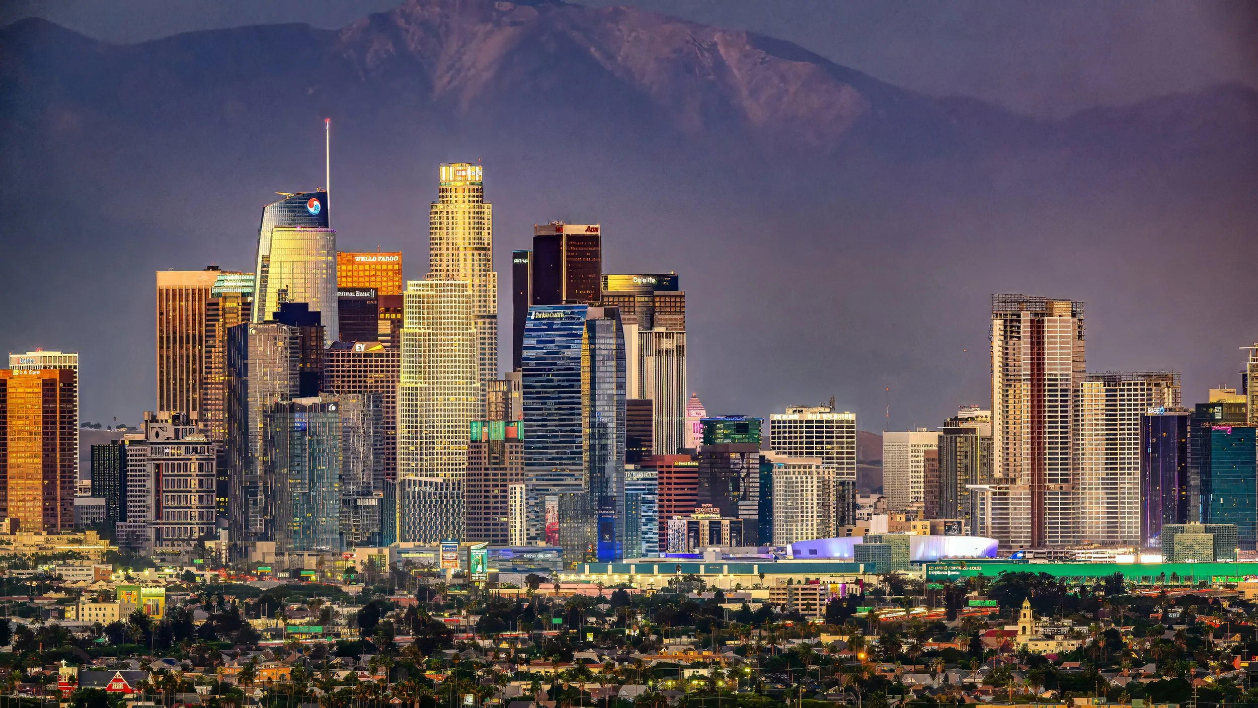 Nighttime city skyline with tall skyscrapers and mountains in the background.