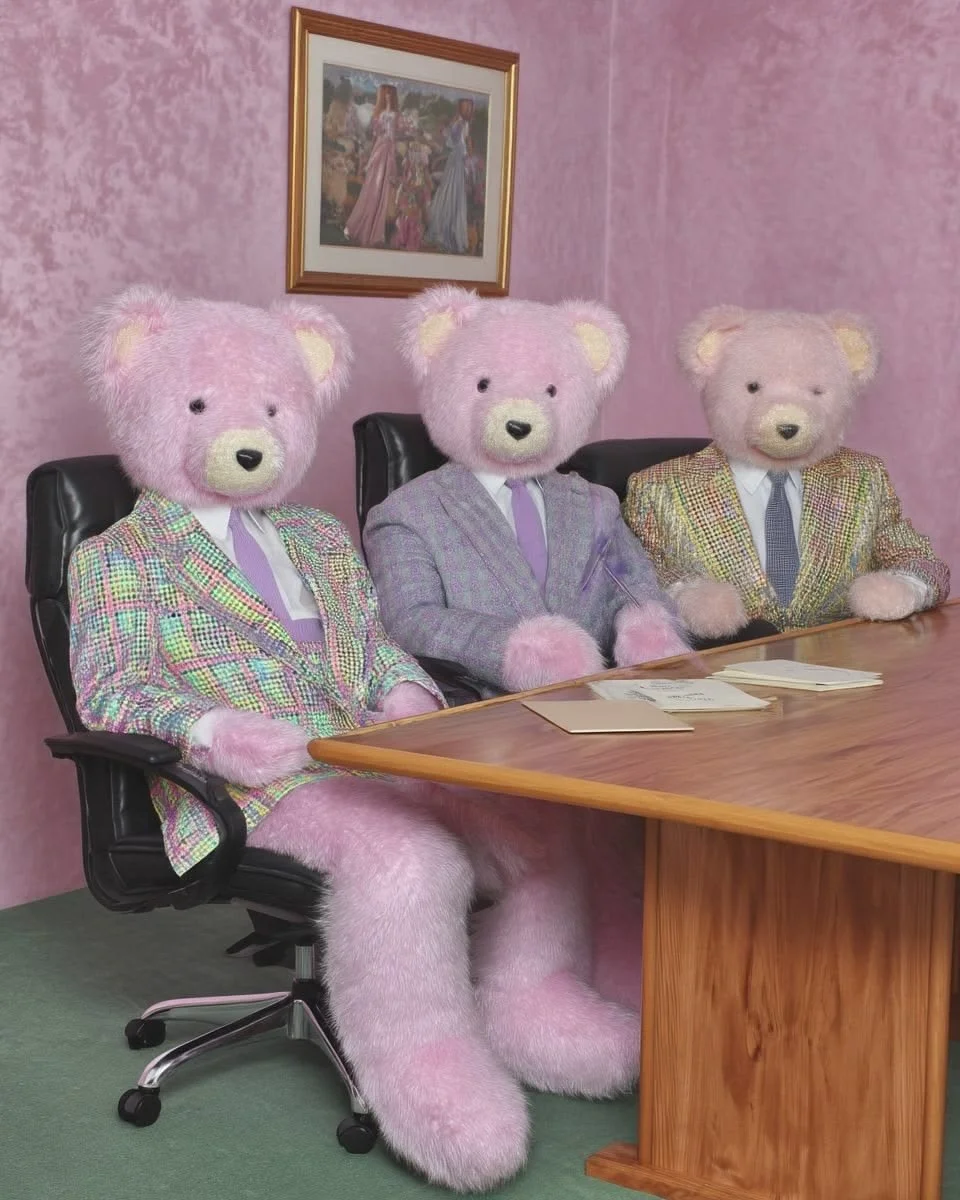 Three people dressed in bear costumes with pink fur heads and bear paws, seated at a conference table in a pink-walled room, wearing business suits and ties.