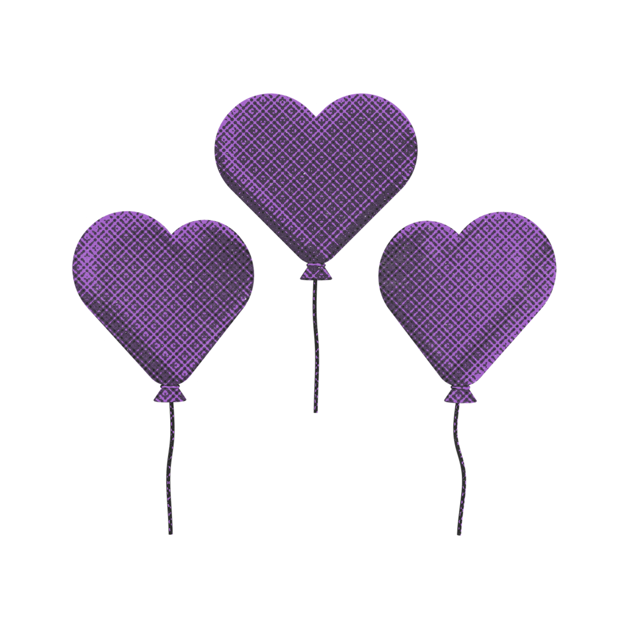 Multiple purple hearts with a diamond pattern, attached to strings, arranged in a cluster.