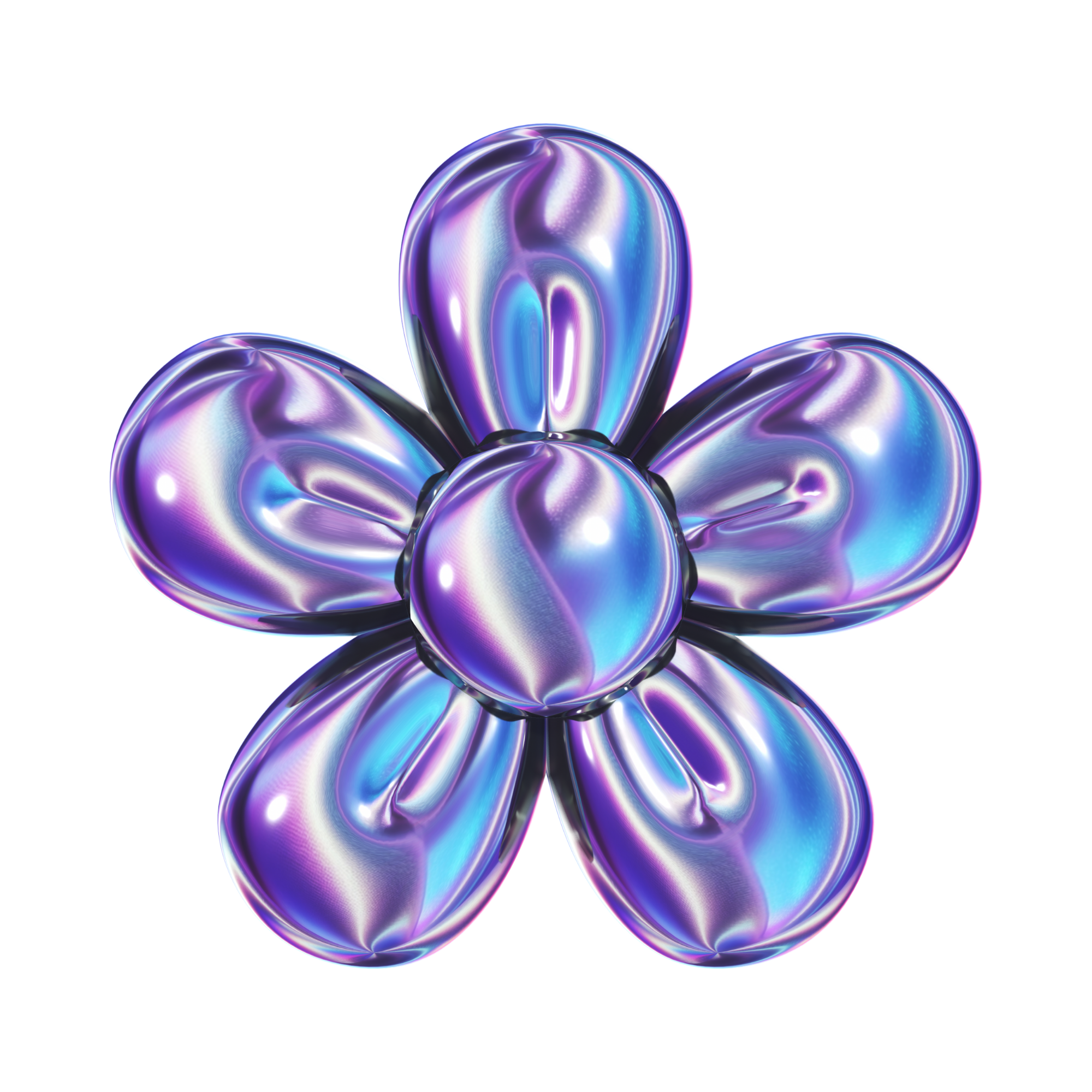 Abstract digital artwork with iridescent, reflective, purple and blue bubble-like shapes on a black background.
