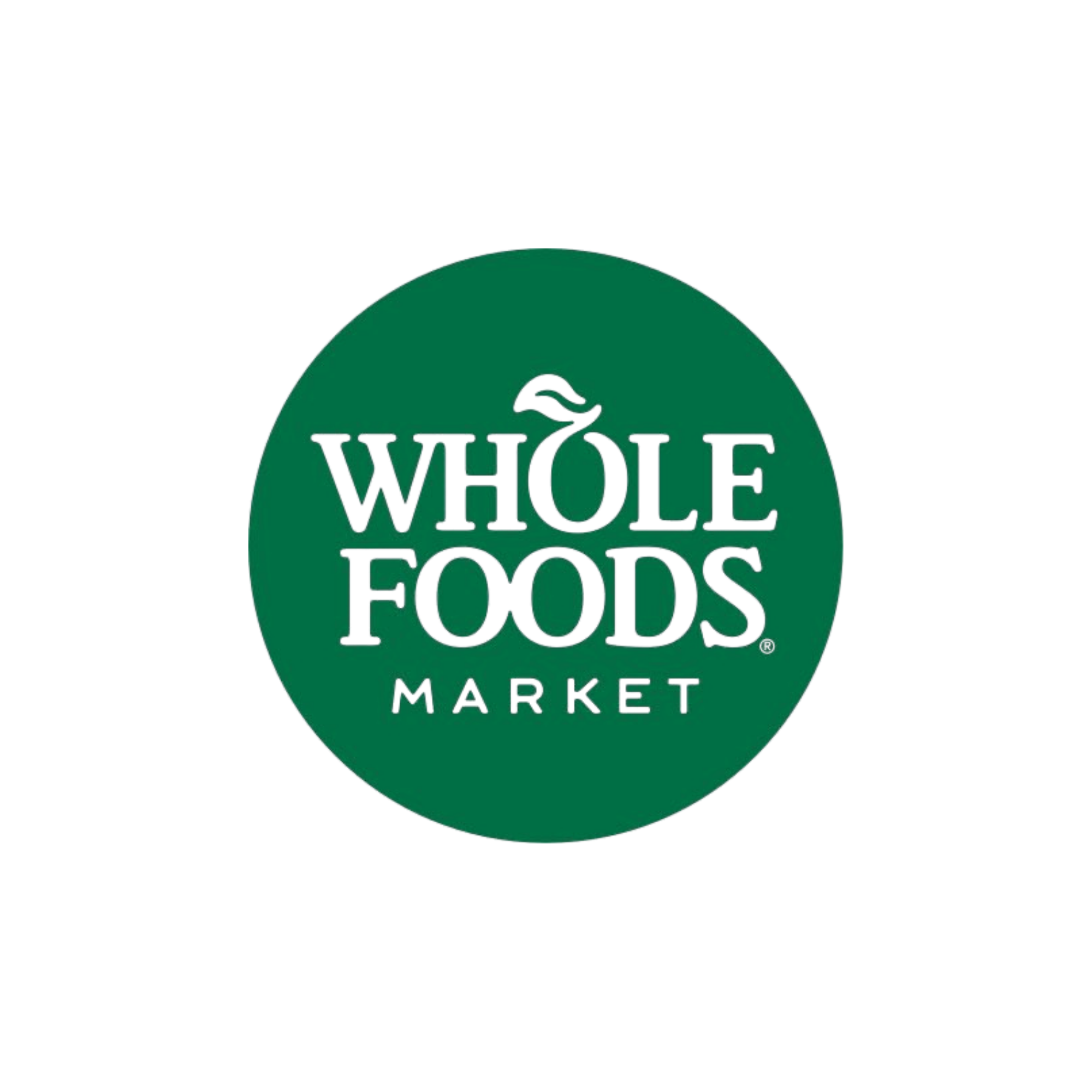 Green circular badge with the words 'WHOLE FOODS MARKET' in bold black font, and a small stylized leaf icon above the text.