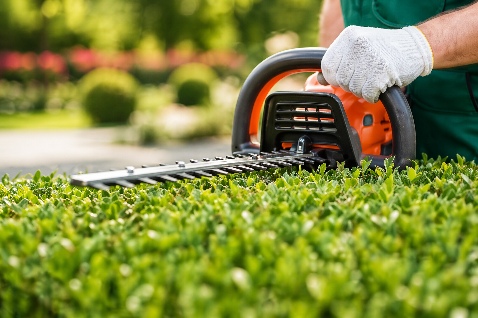 Person using a hedge trimmer to trim bushes in a garden.