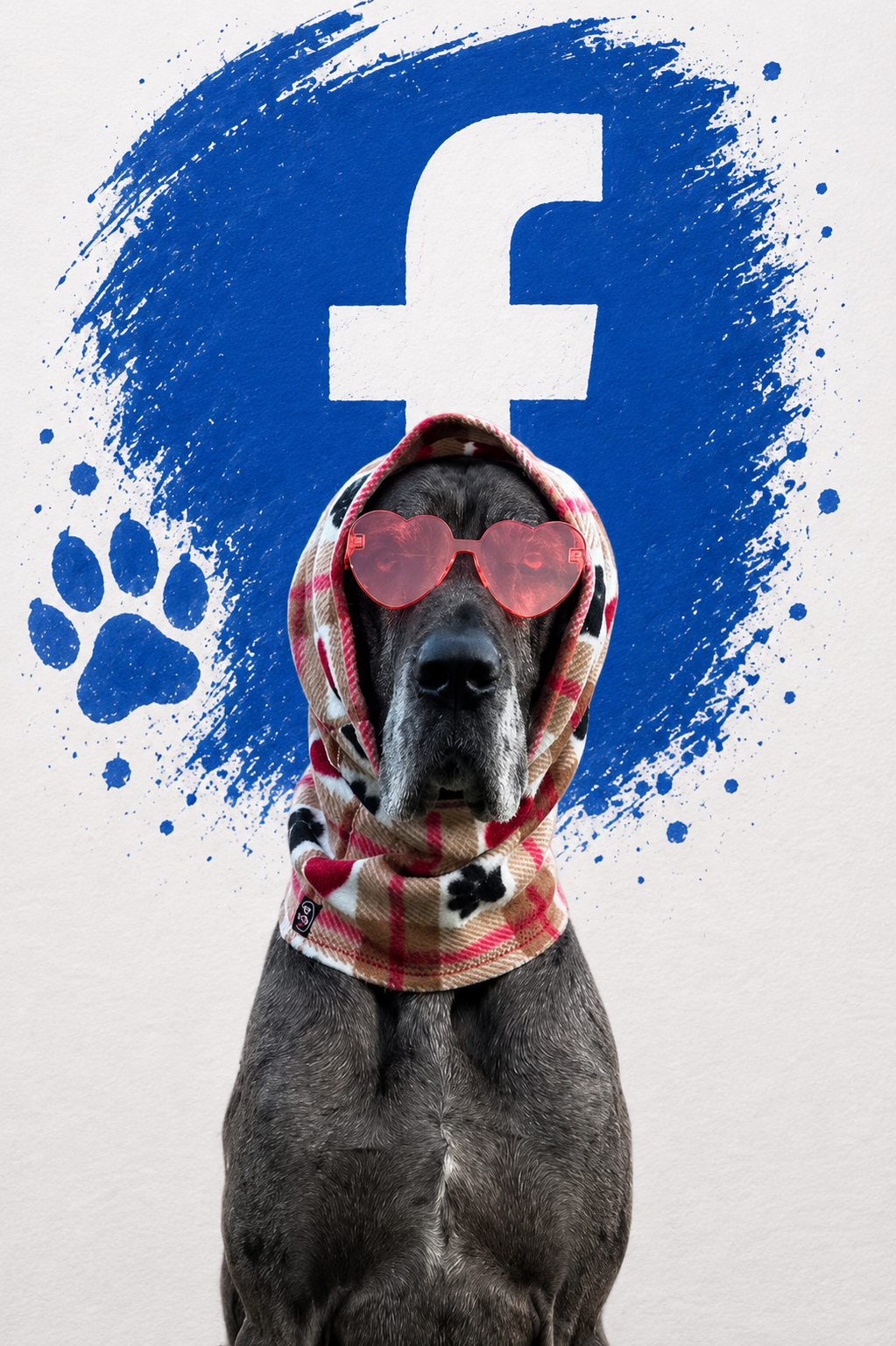Dog wearing pink sunglasses and a multicolored scarf, sitting in front of a painted Facebook logo on a wall.