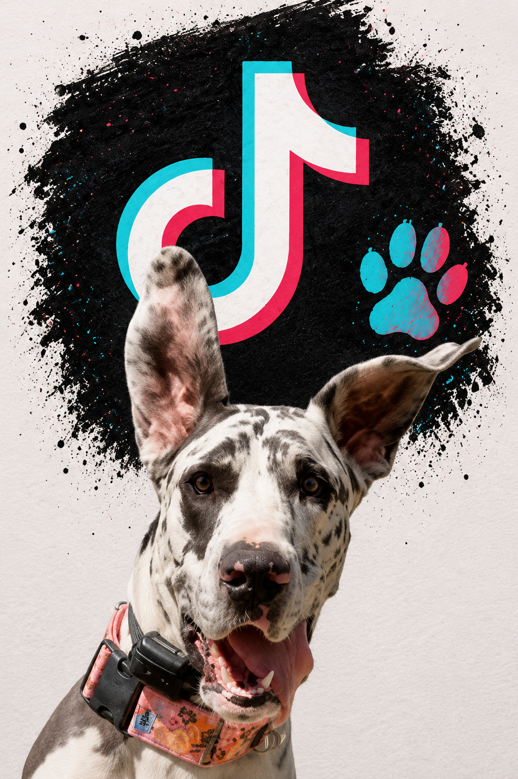 A Great Dane dog with one ear standing up and the other flopping, in front of a wall with a TikTok logo and a paw print graphic.