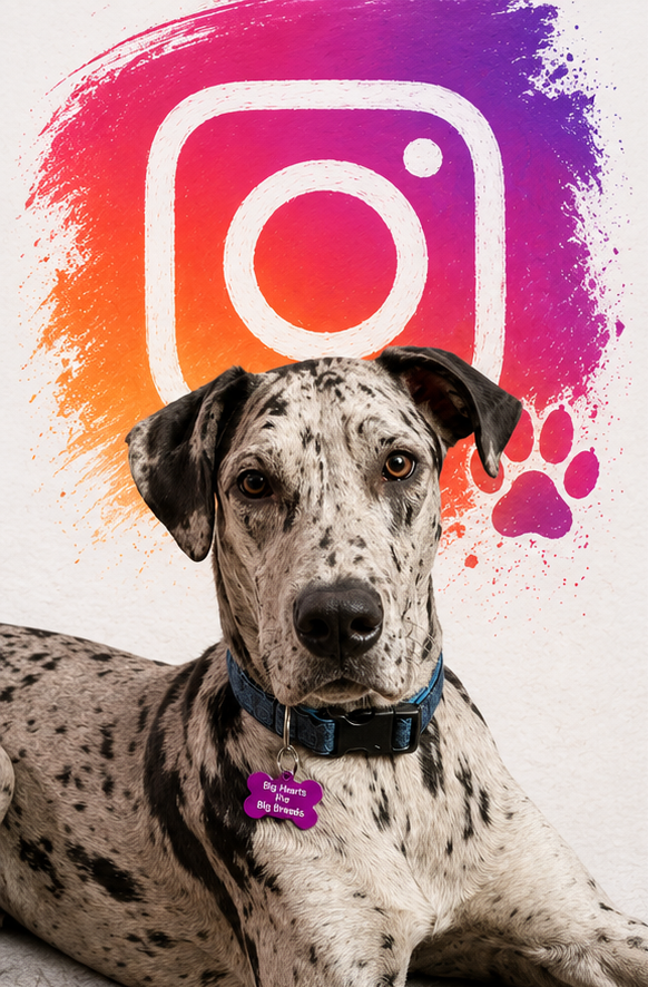 A Dalmatian dog with a blue collar and a purple bone-shaped tag that reads 'Big Hearts Big Brains' lying in front of a wall with a large, colorful Instagram logo and a pink paw print.