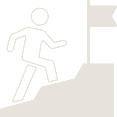 Outline of a person climbing stairs toward a flag.