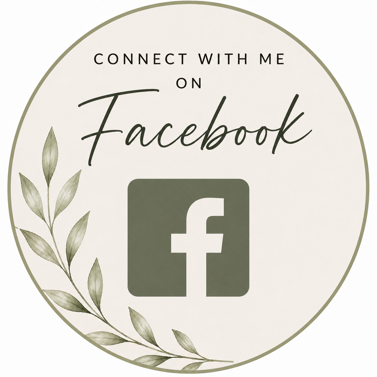 Circular graphic with text inviting connecting on Facebook, featuring Facebook logo, with decorative olive branch on left side, in earthy tones.