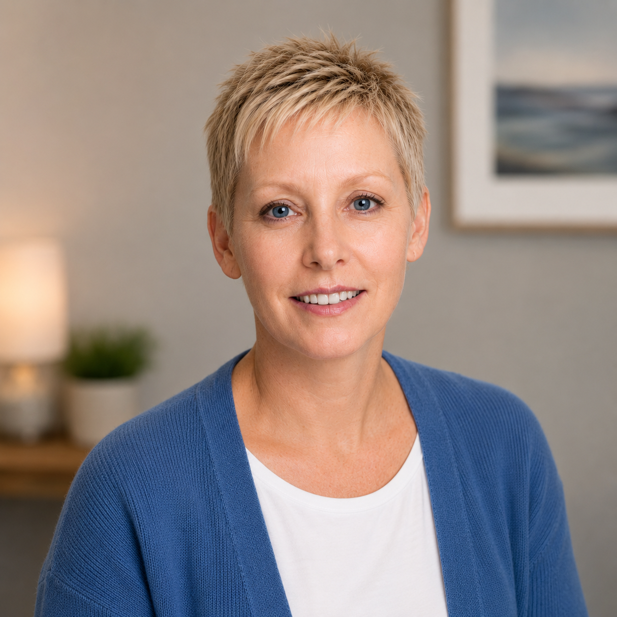 A middle-aged woman with short blonde hair and blue eyes, wearing a blue cardigan over a white top, smiling in a cozy home setting.
