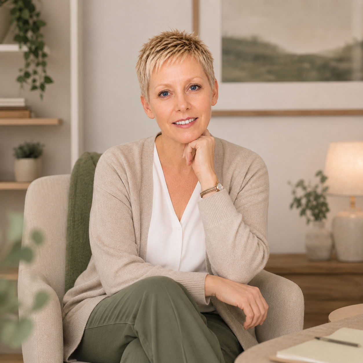 A woman with short blonde hair sitting in a beige armchair in a living room, smiling gently at the camera, wearing a light beige cardigan and white top, with a cozy and modern decor background including plants and a framed picture.