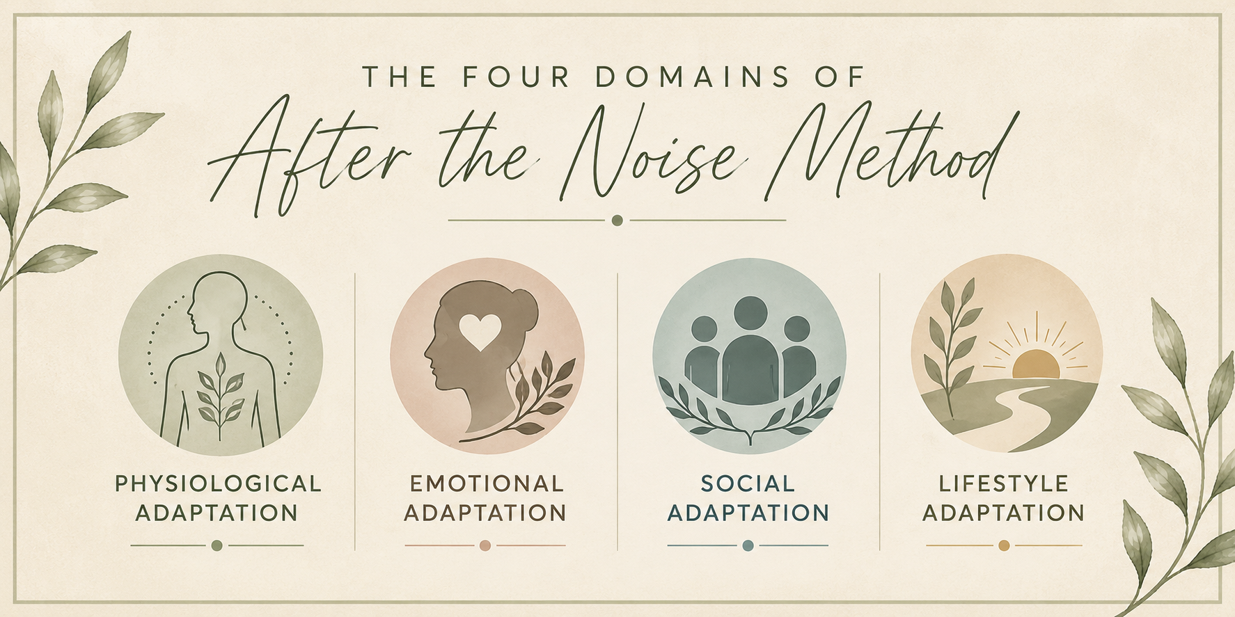 Infographic titled "The Four Domains of After the Noise Method" showing four sections: Physiological Adaptation with an icon of a person and plant leaves, Emotional Adaptation with a woman and a heart, Social Adaptation with a group of people, and Lifestyle Adaptation with a sunrise over a landscape.
