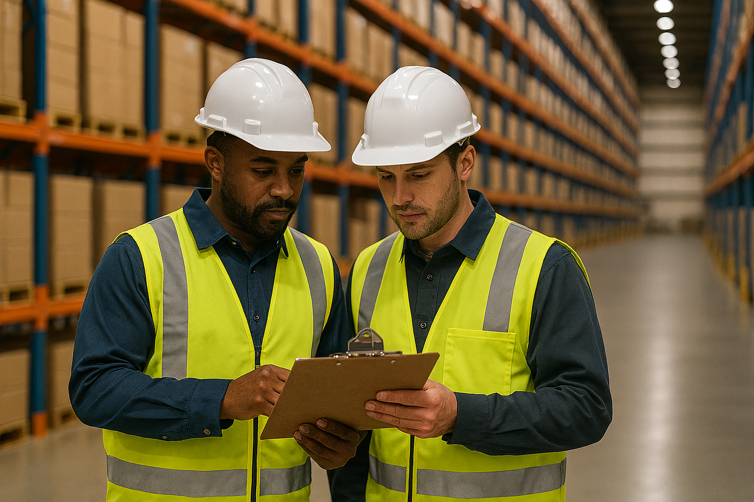 Two workers in safety vests and hard hats standing in a warehouse, looking at a clipboard.