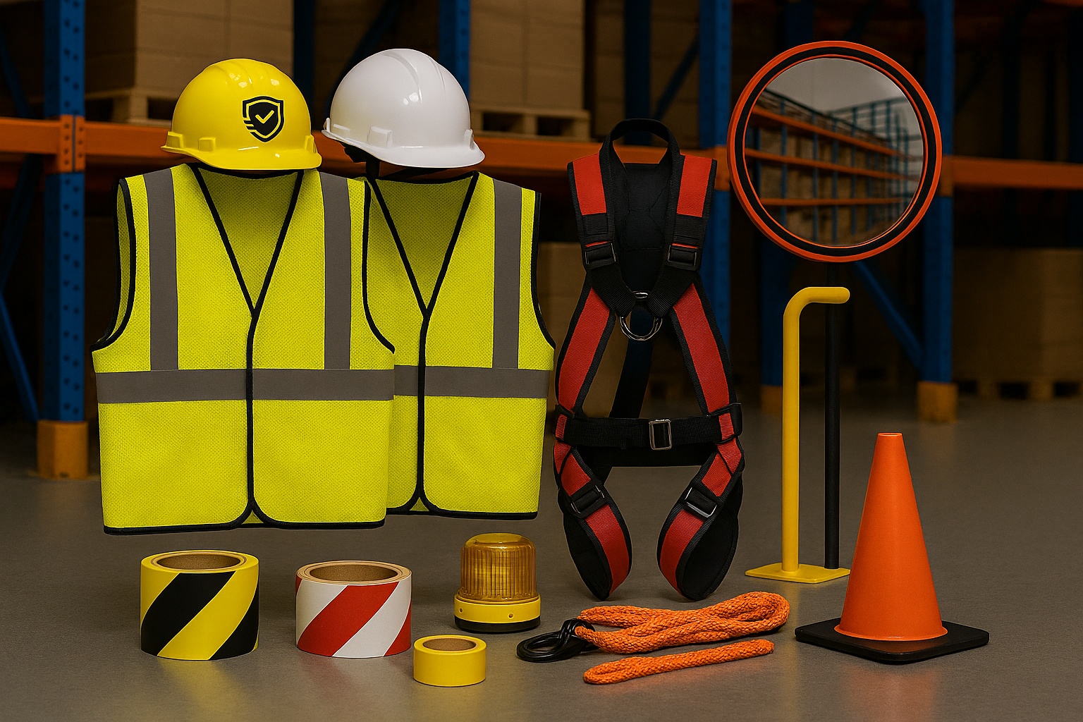 Safety equipment including yellow reflective vests with hard hats, a harness, safety cone, caution tape, warning light, and other accessories in a warehouse setting.