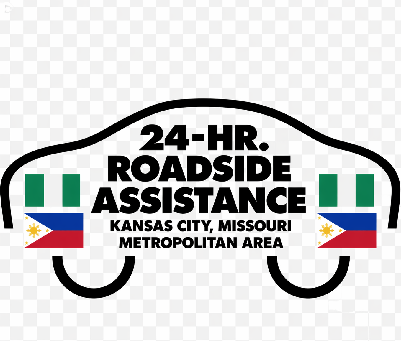Logo design for 24-hour roadside assistance in Kansas City, Missouri metro area, featuring two Philippine flags and a black outline of a car.