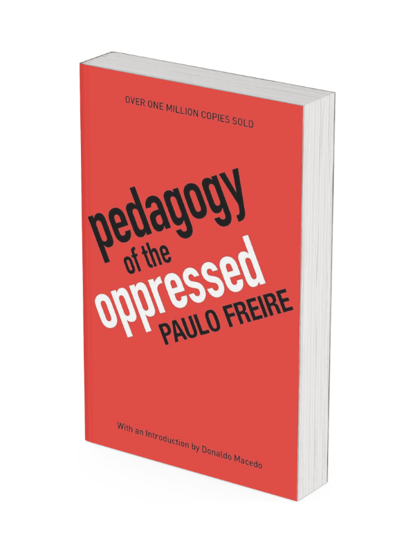 Red book titled "Pedagogy of the Oppressed" by Paulo Freire, with a note that over one million copies sold and an introduction by Donaldo Macedo.