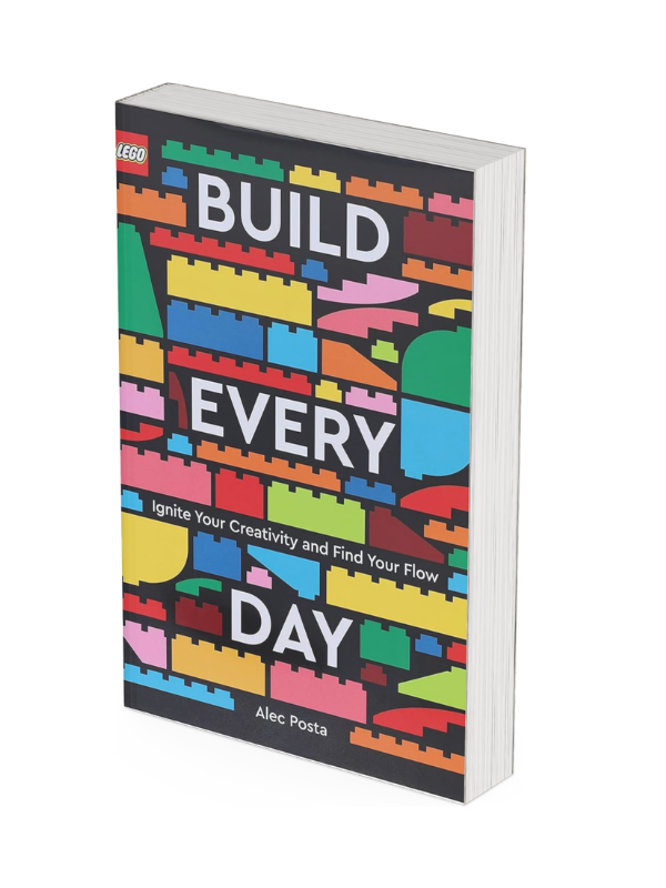 Book titled 'Build Every Day' by Alec Posta with a colorful Lego brick pattern cover and subtitle 'Ignite Your Creativity and Find Your Flow'.