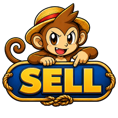 Cartoon monkey with a straw hat holding a blue sign that says 'SELL'.