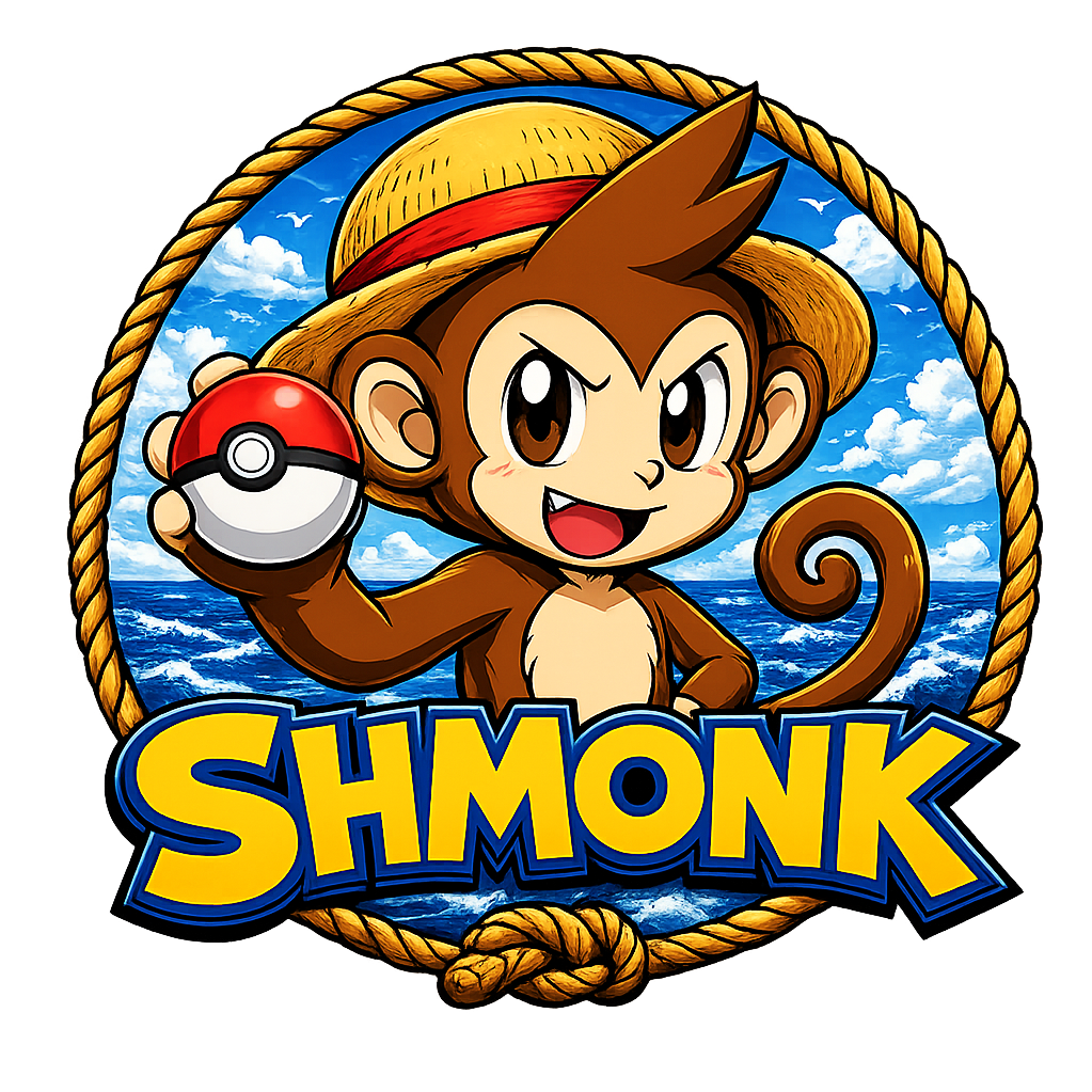 A cartoon monkey character wearing a straw hat with a red band, holding a Poké Ball, and standing in front of a background with clouds and ocean. The image has a rope border with the text "SHMONK" at the bottom.