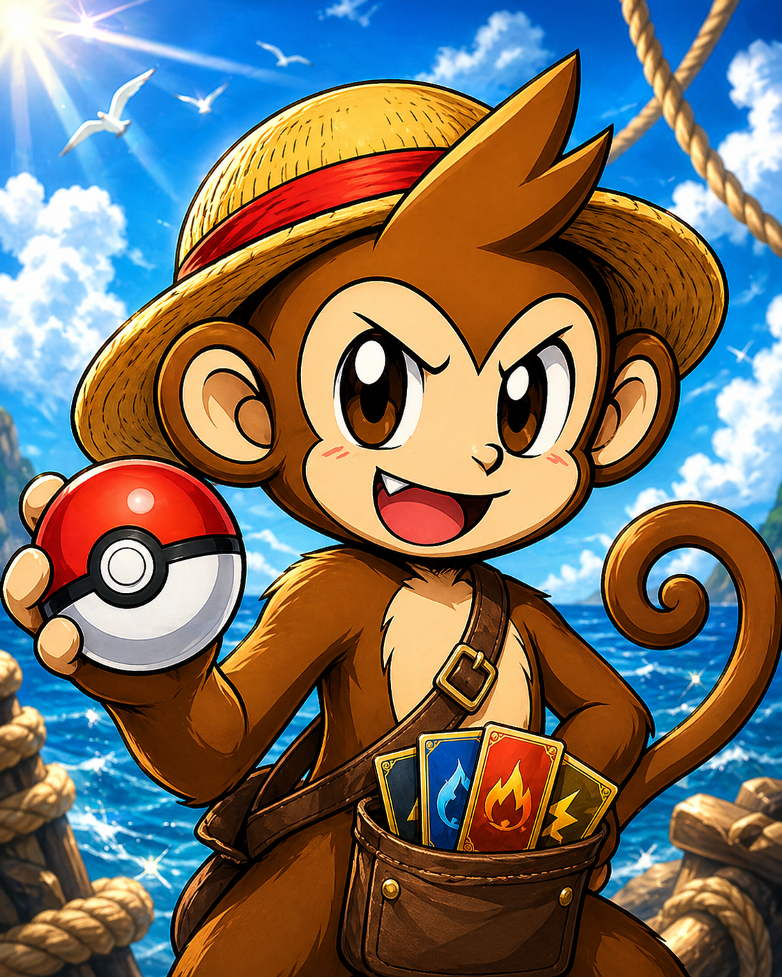 A cartoon monkey dressed as a pirate holding a Poké Ball with a blue, red, and yellow Pokémon trading card in a bag in front of an ocean background with a bright sunny sky and seagulls.