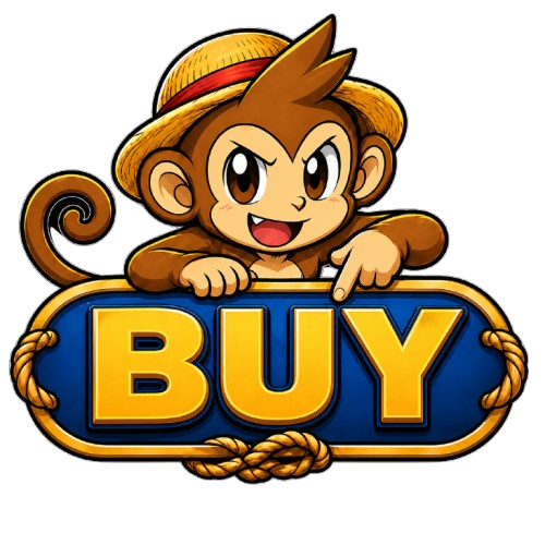 Cartoon monkey character wearing a straw hat, pointing to a sign that says "BUY" in bold yellow letters on a blue background with rope decorations.