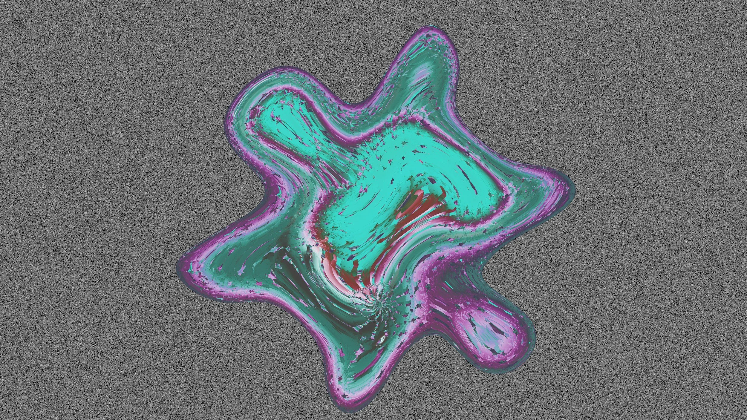 Digital abstract art featuring a star-shaped pattern with swirling green, purple, and red colors on a textured gray background.