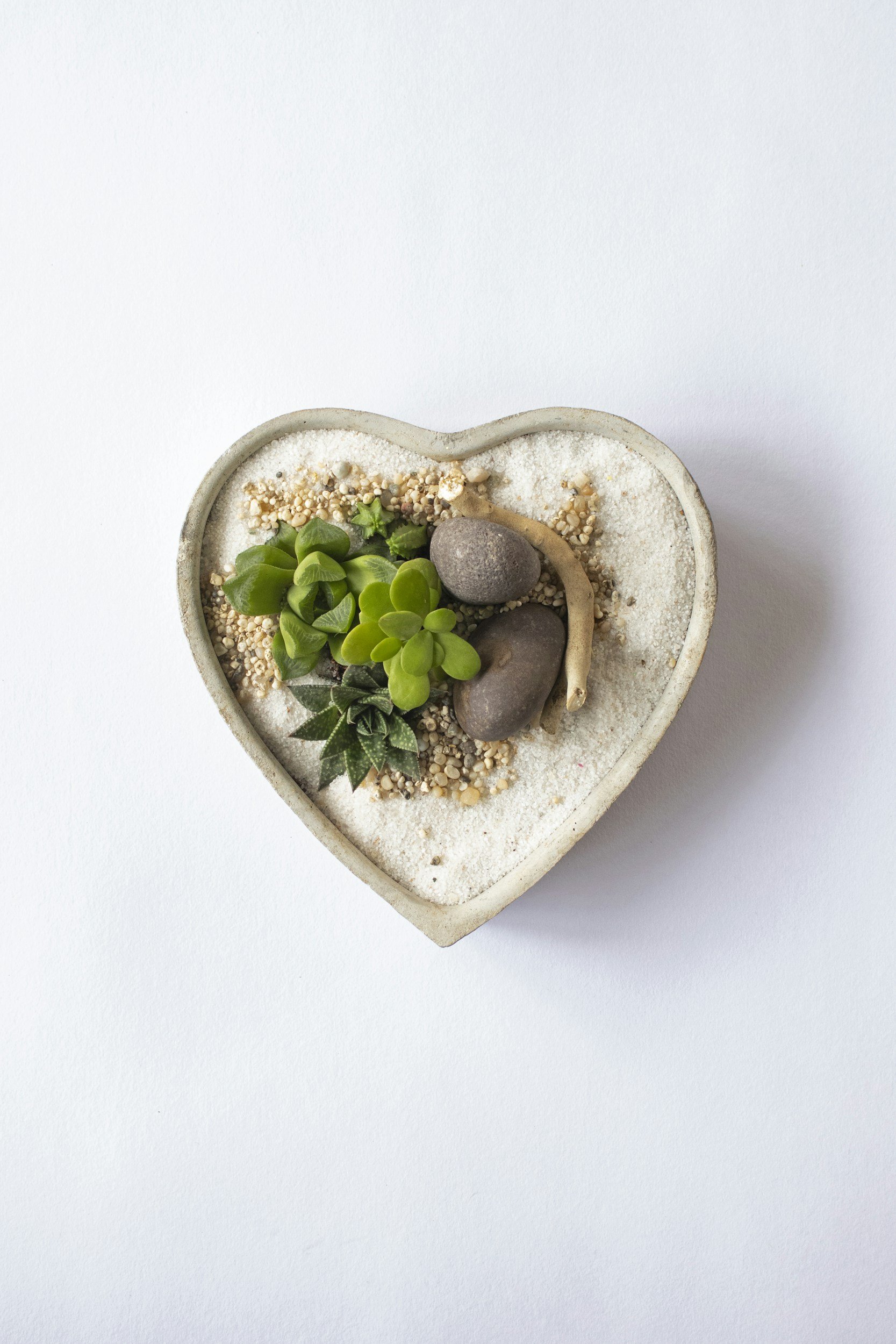A heart-shaped ceramic dish filled with sand, small pebbles, green succulents, dried twigs, and small yellow and white beads, on a white background.